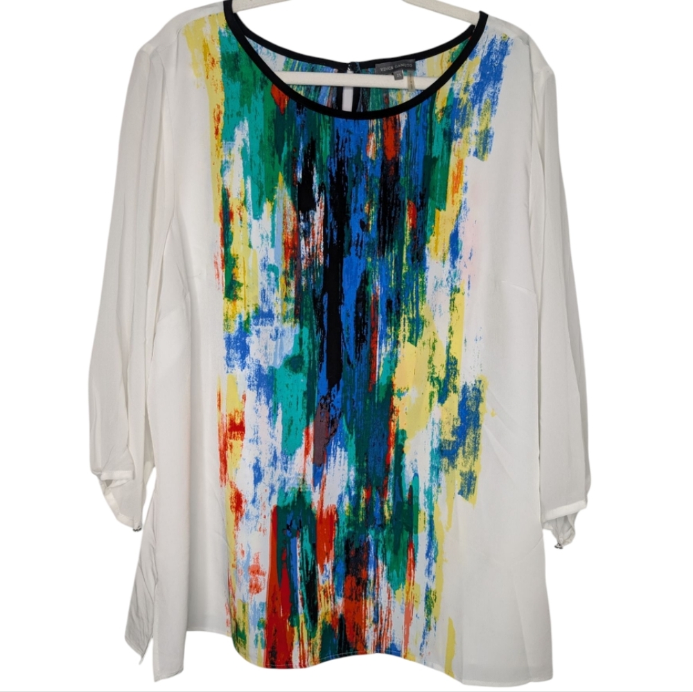 Vince Camuto Watercolor Abstract Print White Sheer 3/4 Sleeve Scoopneck Tunic 2X